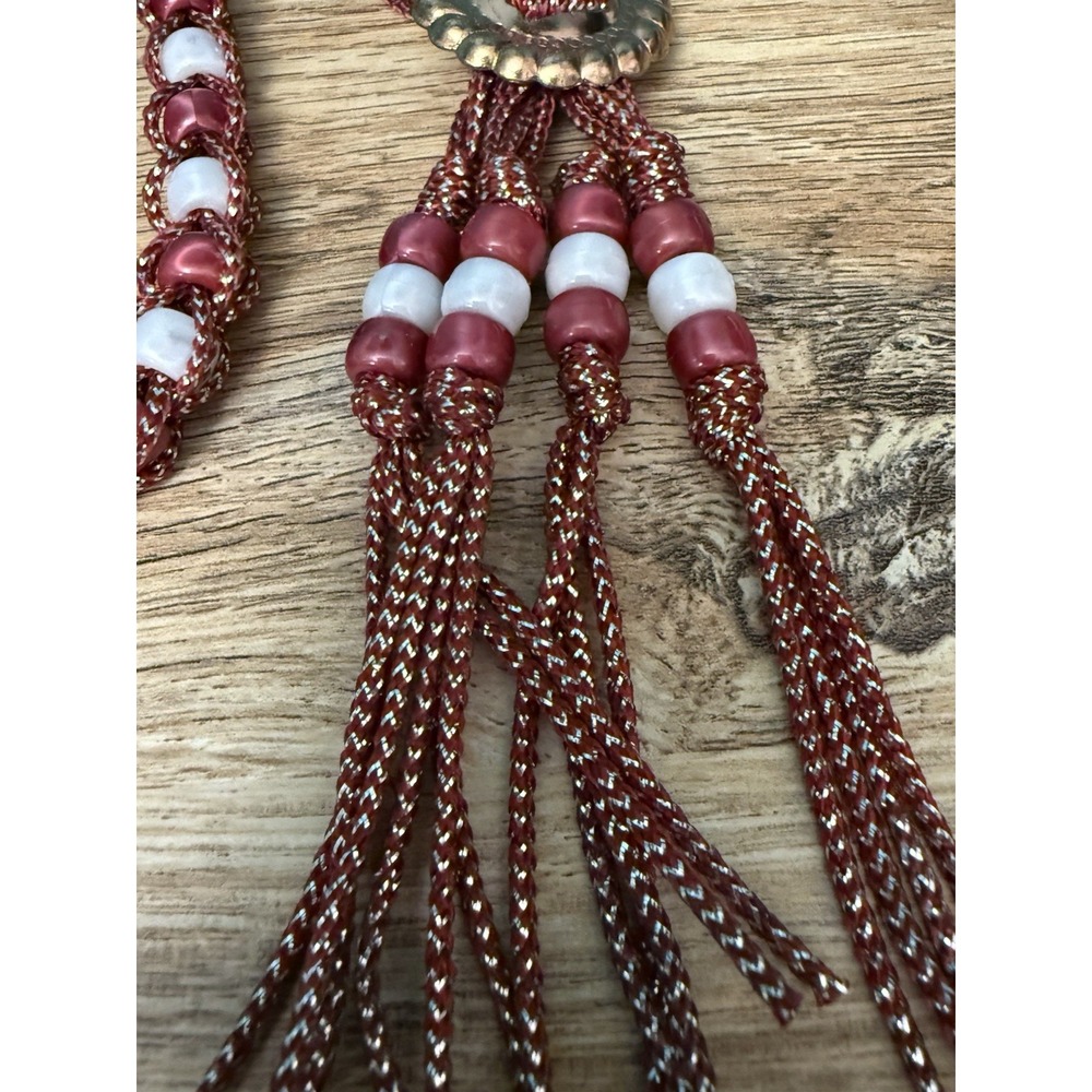 Handmade Beaded Bolo Tie Necklace Sparkly Red Wht Plastic Beads Cowgirl Costume - Picture 6 of 7
